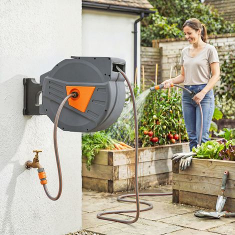 Enrouleur Tuyau Arrosage Mural 40+2 m x Ø 15mm, Dévidoir de Tuyaux d'Eau Rétractable Automatique Pivotant à 180°, Orange (1/5)