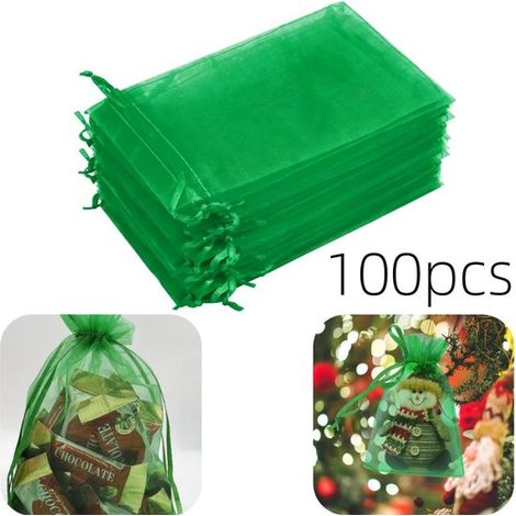 Sachets en gaze lot de 100 à cordon - pochettes cadeaux et bijoux pour mariages et fêtes, vert, 20 x 30 cm (1/5)