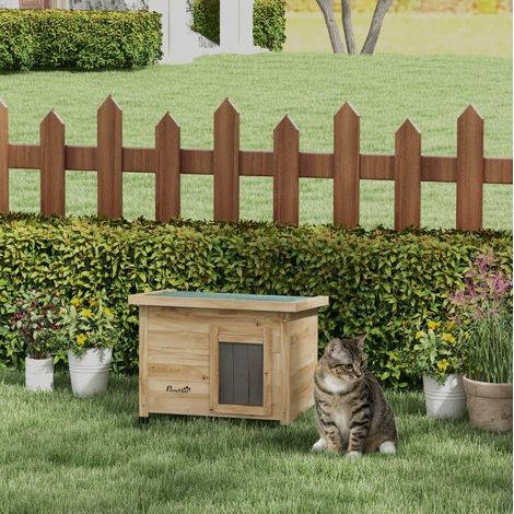 Casa para gato de exterior resistente a la intemperie 57 x 45 x 43 cm, madera natural HAVRYA (1/5)