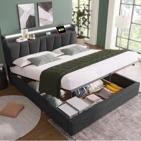 Letto contenitore adulto 140x190 cm con testiera portaoggetti, LED, USB, Type-C e sistema idraulico, in lino grigio, materasso non incluso (1/5)