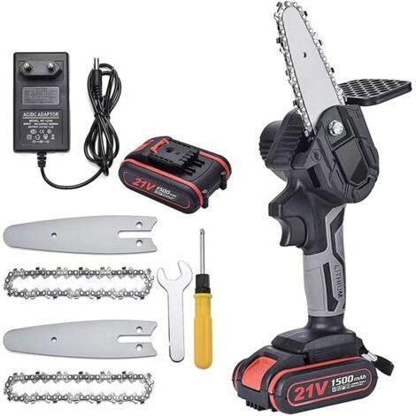 Mini motosega senza fili da 4 pollici, 21 V, potente, 6 m/s, 1 batteria, 2 catene, 2 guide (1/5)