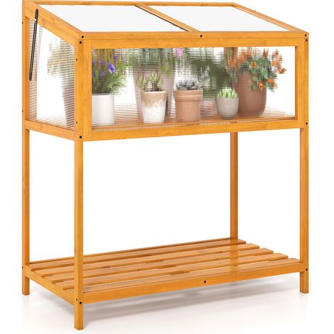 Culture prolongée, serre froide en bois avec toit transparent ouvrant et étagère à lattes pour semis et légumes (1/5)