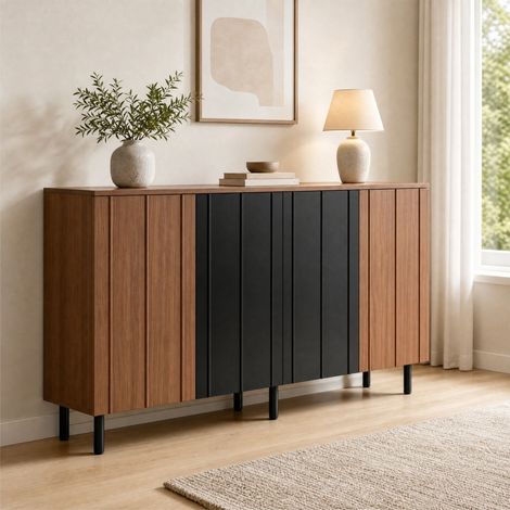 Aparador de 160 x 35 x 80 cm con 4 puertas, estantes ajustables, nogal y negro OKMYHOME (1/5)