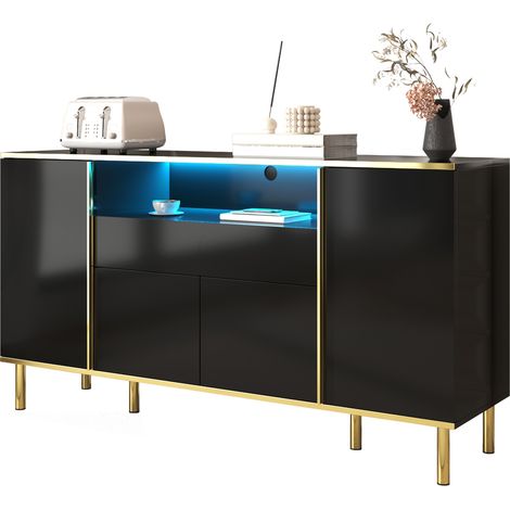 Buffet noir brillant avec 1 tiroir, commode de chambre – B150/T40/H80cm (1/5)