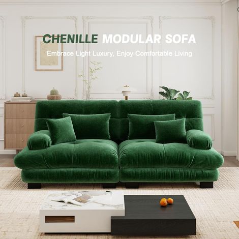 Canapé d’angle modulable luxueux – En L, canapé‑lit profond, pouf, velours côtelé chenille verte (identique au précédent) – Confort profond et design soigné (1/5)