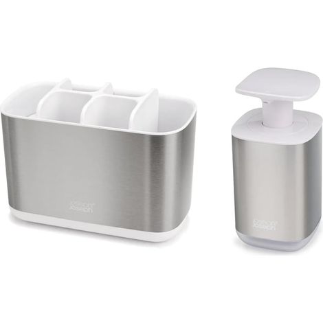 Joseph Joseph Bathroom Beauties Set de 2 Piezas – Soporte grande para cepillo de dientes y dosificador higiénico de jabón, acero inoxidable, elegante y funcional