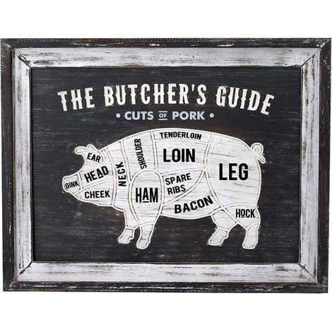 Butchers Cuts Pork Wall Plaque - Wood - L3 x W58 x H45 cm - Grey/White