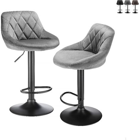 Tabourets de Bar, Lot de 2 Chaises Haute, Siège pour Cuisine, avec Structure Métal, Revêtement Velours, Repose-Pieds, Hauteur Réglable, Facile à Assembler, Rétro, Gris Clair (1/5)