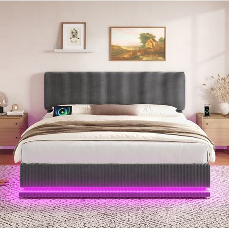 Cama dormitorio tapizada con LED y USB-C gris oscuro OKMYHOME (1/5)