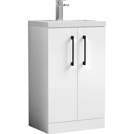Balterley Bramshall Compact Bathroom Cloakroom Vanity Basin Unit with Ceramic Basin, Black Handles, 500mm, Gloss White (1/5)