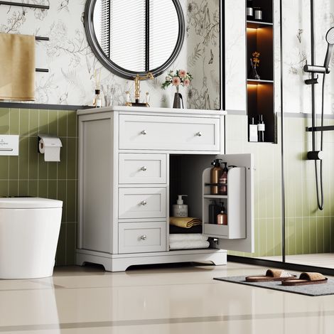 Mueble lavabo 76x46x87 cm en MDF blanco con almacenaje, ahorro de espacio baño – MEUBLIV (1/5)