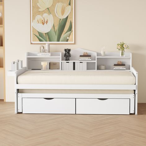 Canapé Lit Multifonction 90x200cm - En Bois Massif avec USB & Lit Gigogne - Blanc (1/5)
