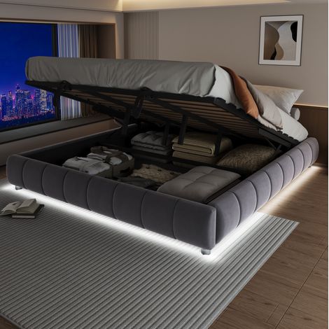 Cama canapé 180x200 cm de tela gris sin cabecero, LED, ahorra espacio - CHICFURN (1/5)