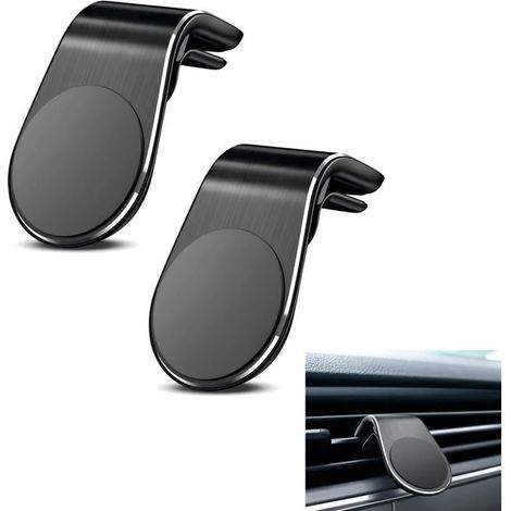 Lot de 2 supports magnétiques pour téléphone à 360°, en forme de L, aimant puissant, fixation sur grille d'aération pour voiture, camion, SUV, noir (1/5)
