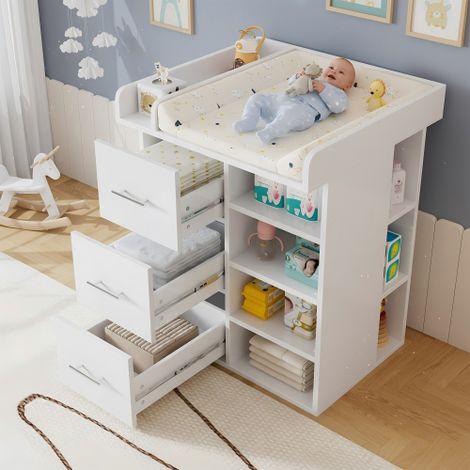 Table à langer - avec 3 tiroirs - grand espace de rangement - avec étagère réglable - Blanc