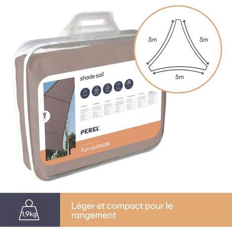 Voile d’ombrage triangulaire 5x5x5 m – Polyester 160 g/m², couleur gris taupe – Protection UV 90 % et hydrofuge – Modèle RI8388 pour terrasse ou jardin
