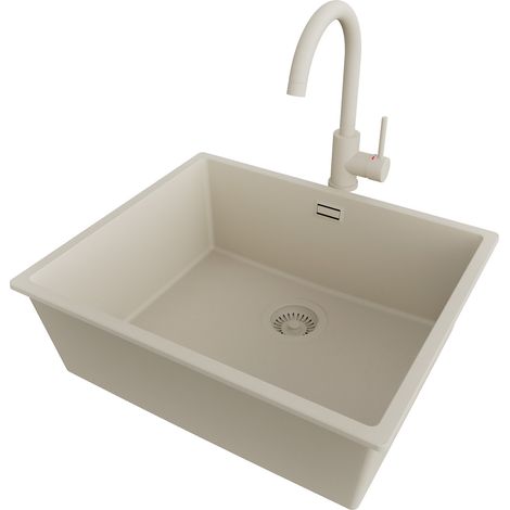 PRIMAGRAN Evier Sous Plan 56x47cm,Evier en Granit 1 bac + Robinet 32x20cm + Kit de Vidage, Évier au meuble 60cm - London, Beige (1/5)