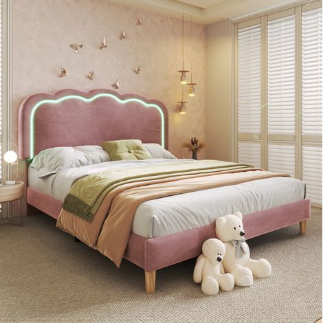 CHICFURN Letto matrimoniale 140x200 cm in velluto rosa con LED, testiera regolabile e rete a doghe (1/5)