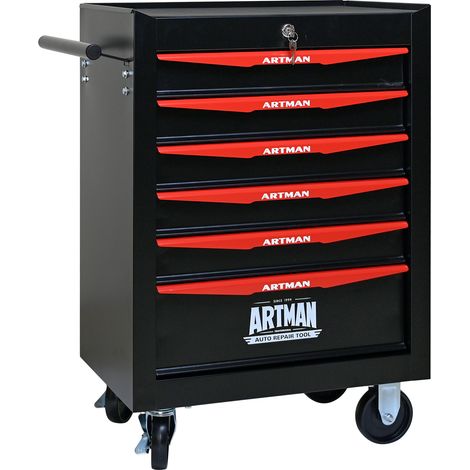 Chariot à outils 6 tiroirs en acier noir et rouge, roulant, verrouillable, avec tiroirs à roulement à billes et plateau lisse, pour atelier et garage CHICFURN (1/5)