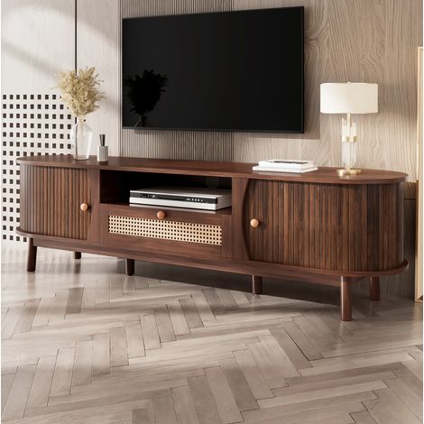 MODFU – Meuble TV 165x37x46 cm MDF et bois massif – Portes coulissantes et tiroirs en rotin – Charge 50 kg, coins arrondis – Salon – Noyer (1/5)