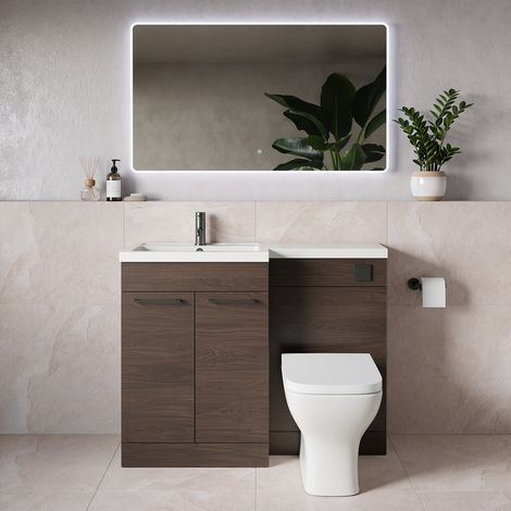 Napoli 390 Brown Oak 1100mm 2 Door Vanity Unit Toilet Suite with Square Left Hand Lucia Basin - 1100mm - Gunmetal Grey 160mm HandleWith Kingston Toilet Pan and Seat