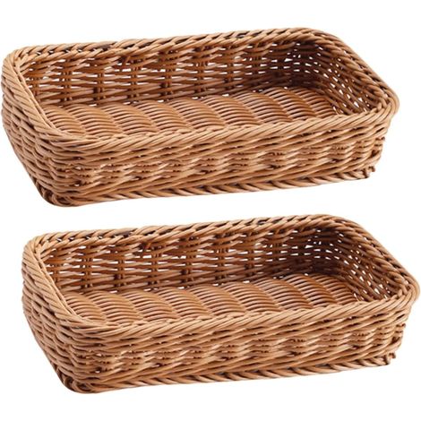 2-Piece Rattan Utensil Storage Basket, Woven Cutlery Tray, Rectangular Kitchen Basket