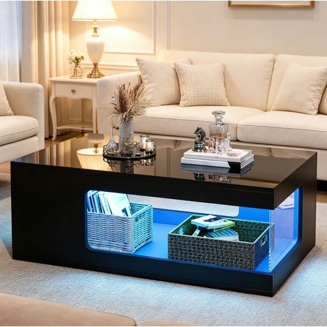 Mesa de centro de aglomerado negro brillo 100 cm con LED y estantes laterales de vidrio templado (1/5)