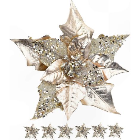 Clips de Noël scintillants rouges et or, fleurs de poinsettia pour sapin, couronne et décorations festives — accents brillants pour ambiance de fête. (1/5)