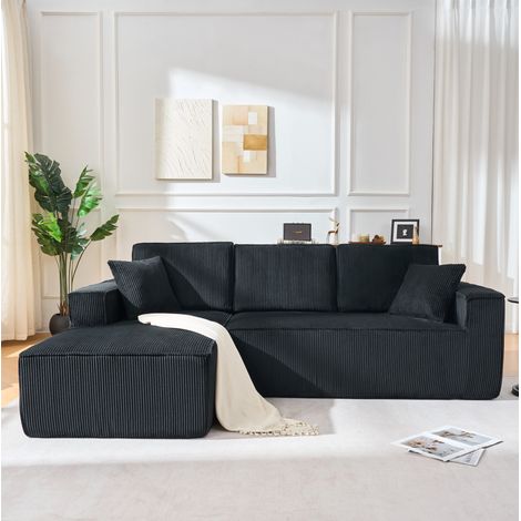 L Form Sofa (235x128x60 cm), modular, vollkomprimiert, mit 2 Kissen, Cordstoff, Schwarz (1/5)