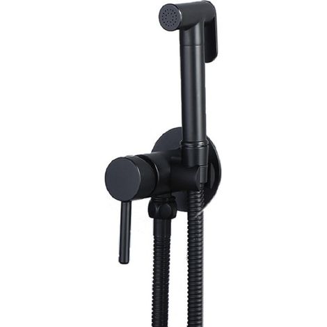 Rociador de inodoro con bidé, de cobre y negro, con doble suministro de agua fría y caliente, montado en la pared, con cabezal de ducha Shattaf empotrado para un uso higiénico.