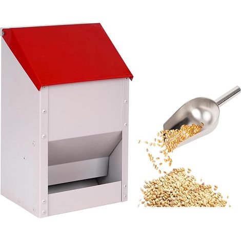 Automatic Poultry Feeder Metal Weather Resistant with Lid Waste Proof Food Dispenser with Metal Shovel and Wall Mount for Chickens (1/5)