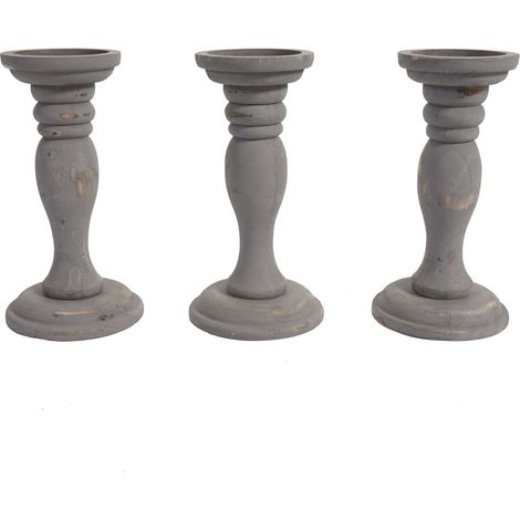 [NON UTILIZZATO] Set 3x portacandele shabby vintage T361 legno paulonia design decorativo 24cm grigio (1/5)