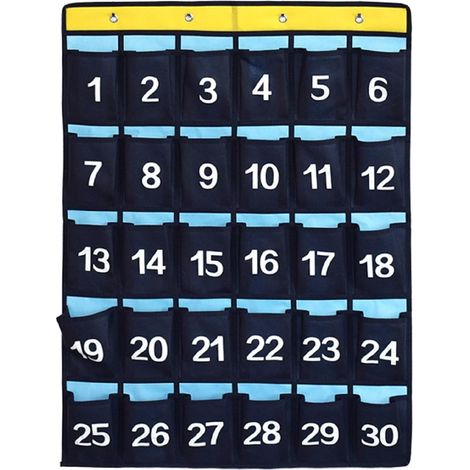 Organiseur de classe à pochettes numérotées, à suspendre à une porte, pour téléphones portables et calculatrices (bleu). (1/5)