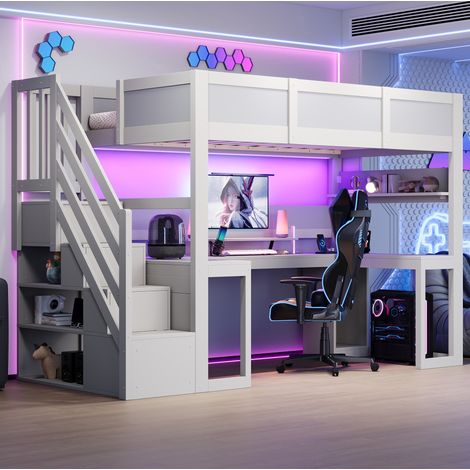 Lit mezzanine enfant 90x200 cm avec bureau gaming, LED 7 couleurs, USB, escalier rangement, bois blanc (1/5)
