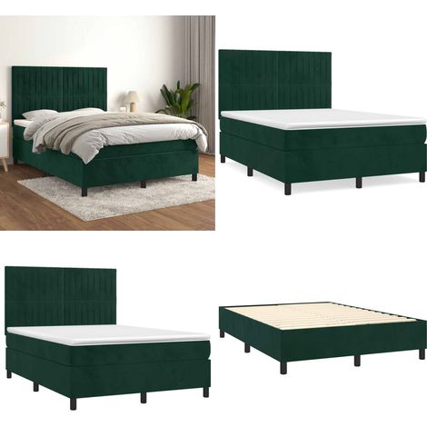 Sommier à lattes de lit et matelas Vert foncé 140x190cm Velours - Matelas à ressorts ensachés - Sommier de lit (1/5)