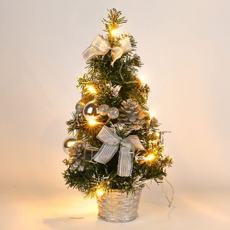 Artificial Christmas Tree with Lights, 40cm Small Tabletop Christmas Tree with LED Lights with Bow and Pine Cone for Christmas Table Decorations (Silver) (1/5)