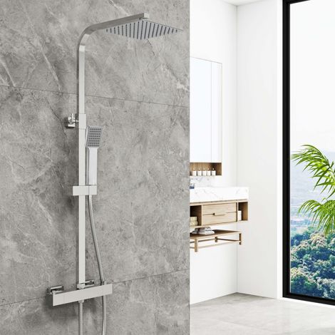 AICA Bathroom Mixer Shower Thermostatic Twin Shower Head Square Bar Valve Set Chrome (1/5)