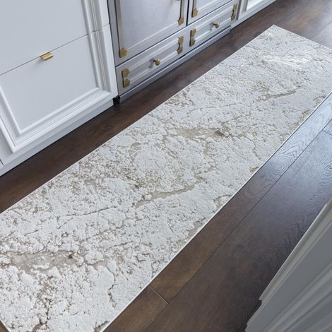 Marbled Rug for Living Room Bedroom Aurora AU16 Strata Quality Modern Abstract Soft Silky Shiny Beige Bronze Grey Hall Runner Rug in 66x240 cm (2'3"x7'10")