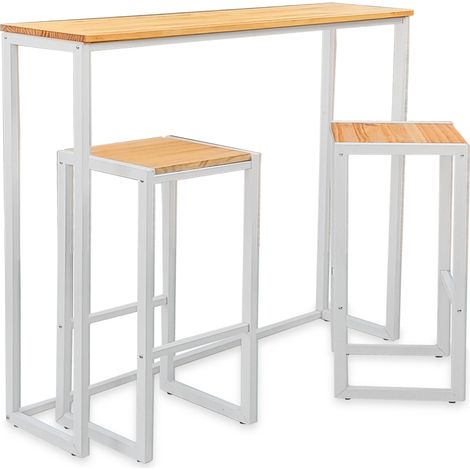 Conjunto Mesa Alta Eco-Line 118x30x110cm y 2 taburetes Blanco en madera maciza de pino acabado natural estilo Industrial Box Furniture (1/5)