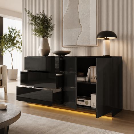 Buffet 160×35×76 cm, lumières LED, meuble de rangement pour salon, 2 portes et 3 tiroirs, grande capacité, système push-to-open, buffet de salon, panneau laqué brillant, style moderne, Noir (1/5)