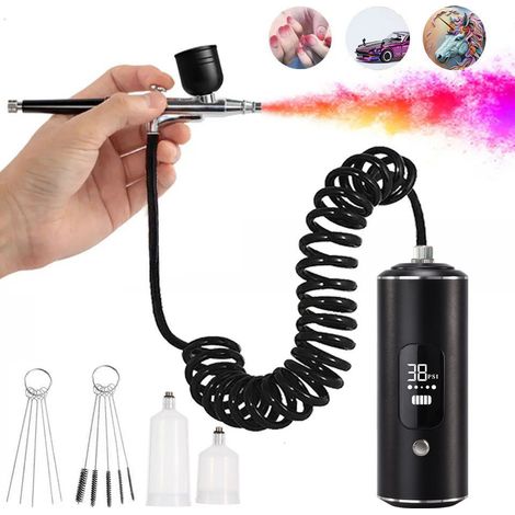 Kit aérographe compresseur noir écran digital 3 pressions, tuyau spirale brosses nettoyage recharge USB maquillage nail art déco (1/4)