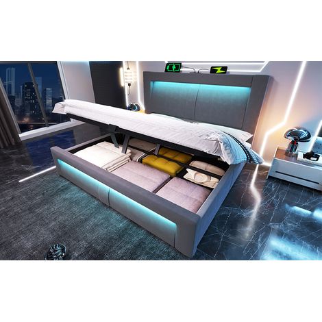Bett mit Stauraum Samt Grau 140x200 cm, mit LED-Beleuchtung, USB- und Type-C-Anschlüssen, inklusive Matratze (1/5)