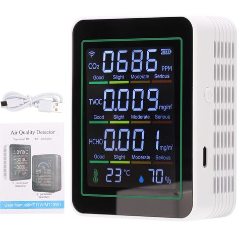 Moniteur qualité air 5 en 1 WiFi CO2 Tuya – Détecteur HCHO TVOC écran LCD capteur infrarouge température humidité MT11NW blanc (1/5)