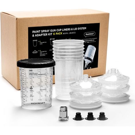Kit de gobelets jetables pour pistolet à peinture, grand kit de 28 onces (800 ml) avec 6 gobelets et couvercles, 1 gobelet rigide avec bague de retenue, 3 bouchons, système de peinture pour (1/5)