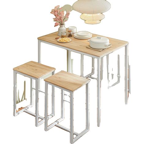 Conjunto de mesa de bar de diseño moderno, incluye 4 taburetes, blanco y natural. (1/2)