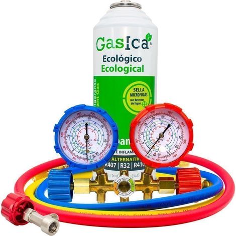 Pack Botella Gas refrigerante Gasica V2 Sustituto R22/R407 R410A más Kit Mangueras con manómetros y llave de paso