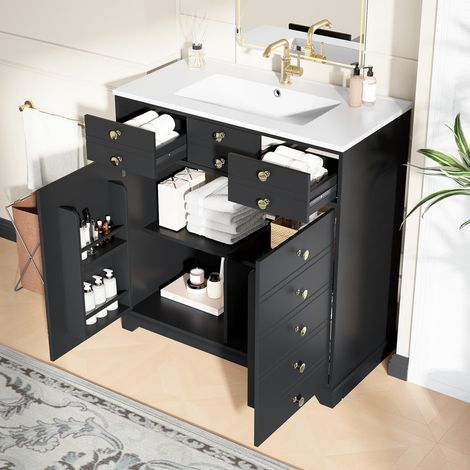 Meuble vasque avec vasque céramique, Meuble salle de bain avec tiroirs silencieux et placard – Résistant à l'humidité – Dimensions 91 x 47 x 86 cm