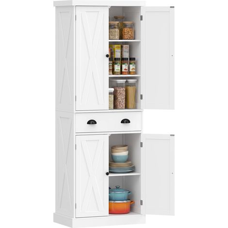 Armoire de cuisine - HOMCOM - 4 portes, tiroir et étagères réglables - style rustique - bois - 62x38x173cm - blanc