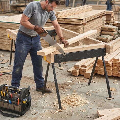 Ensemble de 2 tréteaux pliables pour le travail du bois, réglables en hauteur, 2x4, avec poignée et crochets, supporte jusqu'à 500 kg, noir (1/5)