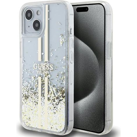 Guess GUHCP15MLFCSEGT iPhone 15 Plus / 14 Plus 6,7 transparente Hartschale mit flüssigem Glitzer und goldenen Streifen (1/5)